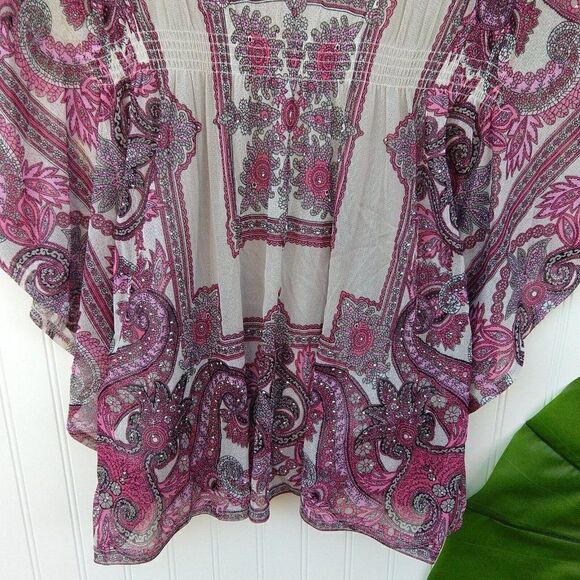 Y2K Mesh Batwing Sleeve Top Size M Pink Paisley Print Embellished Vintage Womens - Picture 5 of 9